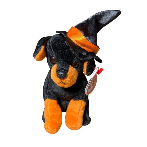 Ty Beanie Babies Alacazam Plush Dog Halloween Edition Black Orange w/ Witch Hat - Picture 1 of 12